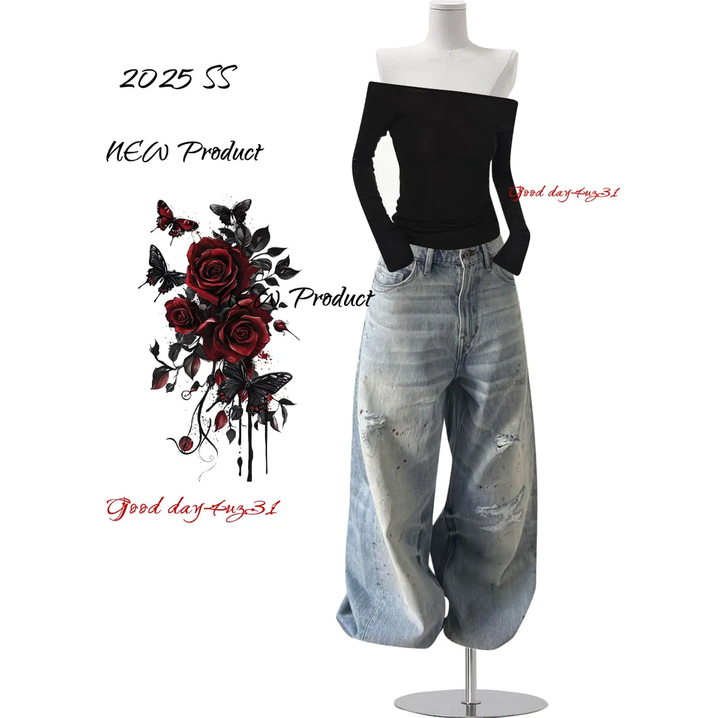 大码美式复古泼墨磨破牛仔裤