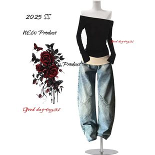 美式 街头宽松设计感长裤 复古针织腰头拼接牛仔裤 新款 女秋冬季 大码