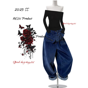 美式 街头百搭灯芯绒长裤 复古腰带拼接设计阔腿裤 新款 女秋冬季 大码