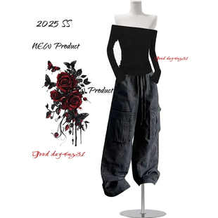 女秋冬季 复古松紧腰抽绳牛仔裤 新款 街头穿搭宽松工装 大码 长裤 美式