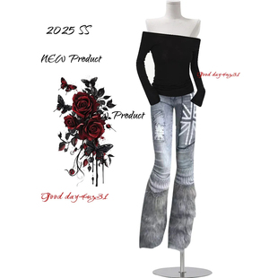 女秋冬季 复古做旧印花设计感微喇牛仔裤 新款 街头修身 大码 长裤 美式