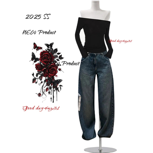 美式 街头宽松显瘦阔腿裤 复古做旧高腰弯刀牛仔裤 新款 女秋冬季 大码