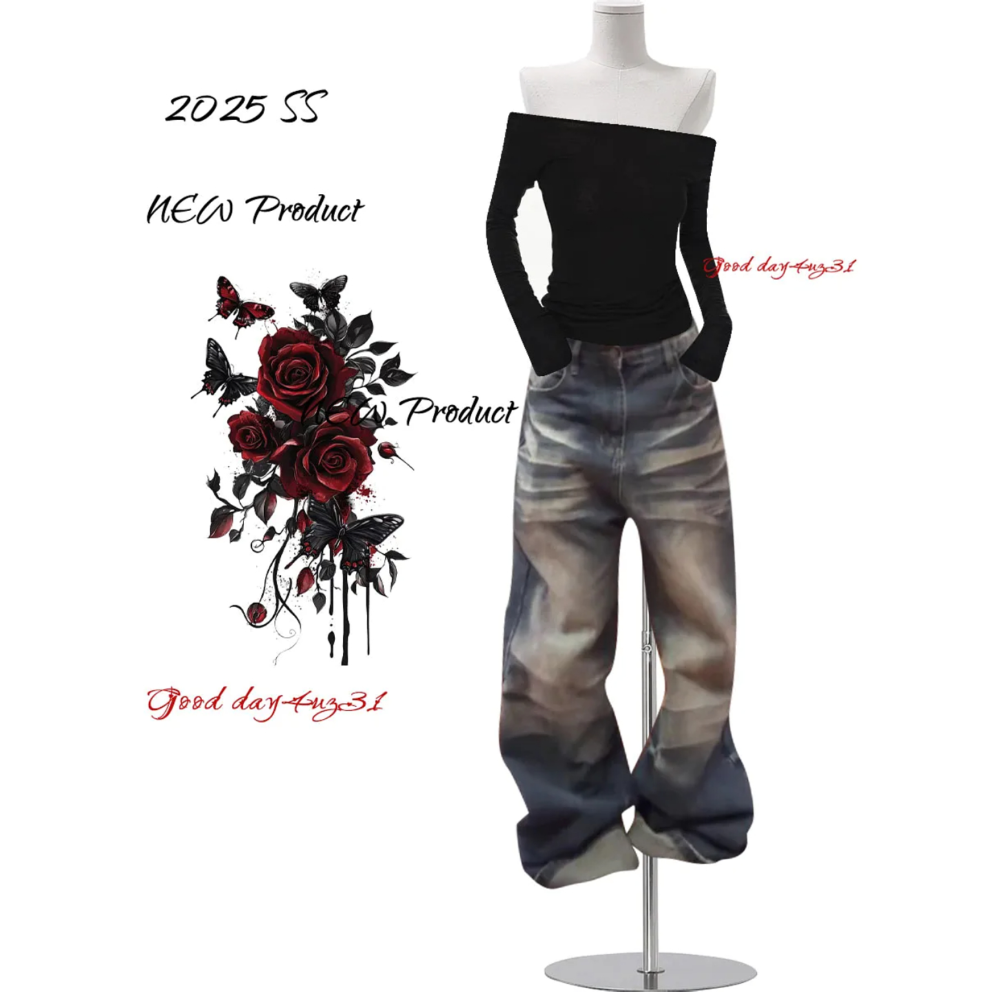 大码美式复古做旧猫须牛仔裤