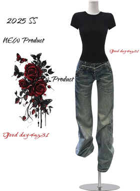 大码美式复古做旧牛仔裤女夏季新款街头双腰头设计感直筒显瘦长裤