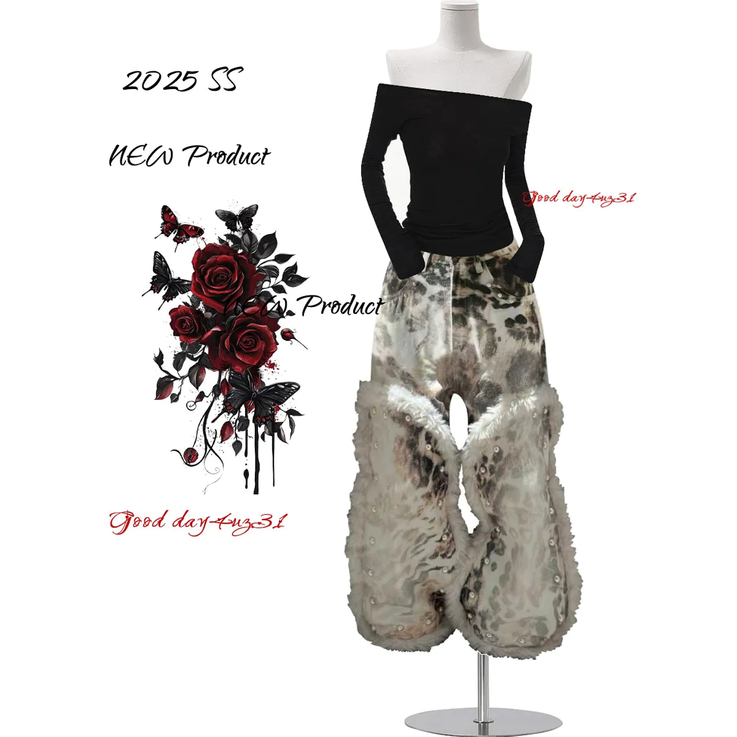 复古毛绒拼接宽松牛仔裤女