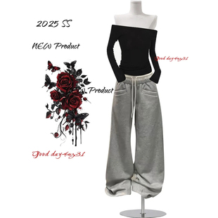 美式 街头松紧腰宽松卫裤 复古双腰头抽绳阔腿裤 新款 潮 女秋冬季 大码