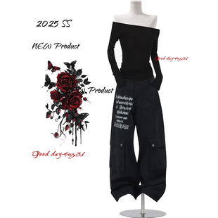 牛仔裤 复古多口袋工装 女秋冬季 新款 大码 街头字母印花阔腿长裤 美式