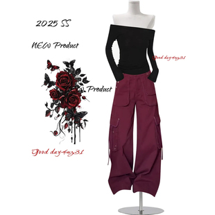 女秋冬季 复古口袋系带设计感牛仔裤 新款 街头宽松工装 大码 长裤 美式