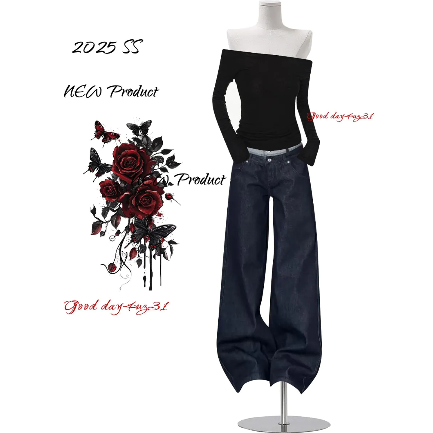 大码美式复古深色牛仔阔腿裤