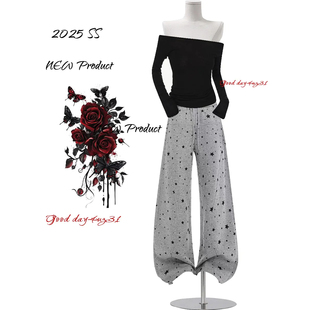 美式 街头百搭宽松垂感休闲裤 复古星星印花阔腿裤 新款 女秋冬季 大码