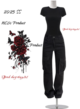 大码美式复古多口袋直筒牛仔裤女2026新款高街百搭显瘦工装长裤潮