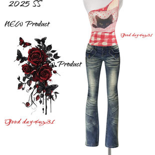 街头显瘦直筒拖地长裤 大码 女2025新款 复古辣妹低腰微喇牛仔裤 美式