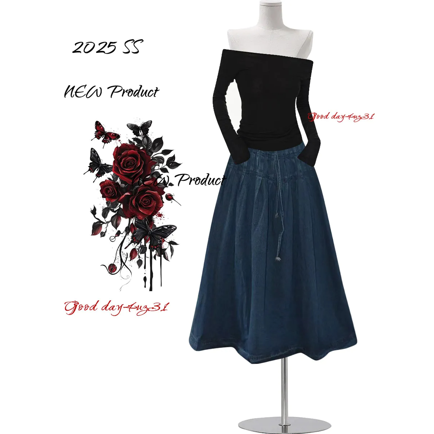 大码美式复古腰头拼接牛仔半身裙