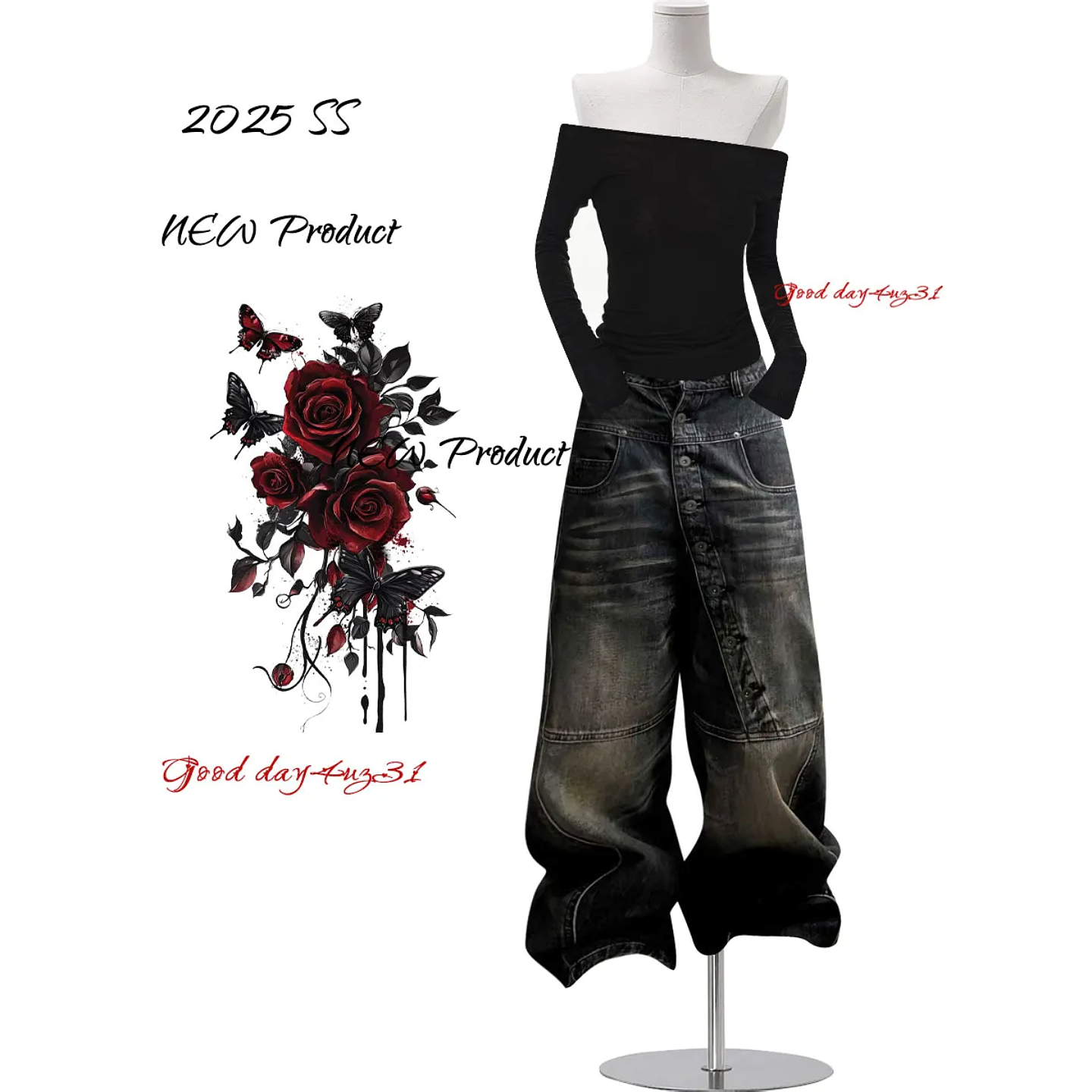 复古做旧排扣设计感牛仔裤女