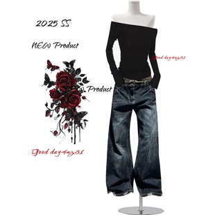 美式 街头闪电纹设计长裤 复古豹纹腰头拼接牛仔裤 新款 女秋冬季 大码