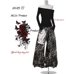 美式 街头松紧腰抽绳设计长裤 复古豹纹阔腿牛仔裤 新款 女秋冬季 大码