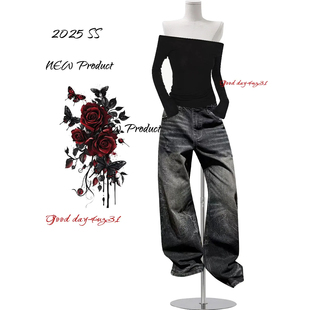 美式 街头穿搭设计感阔腿裤 复古猫须爆裂纹牛仔裤 新款 女秋冬季 大码