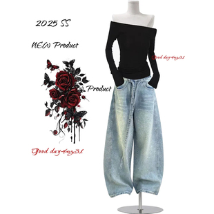 美式 街头小众飘带阔腿长裤 复古烫钻设计感牛仔裤 新款 女秋冬季 大码