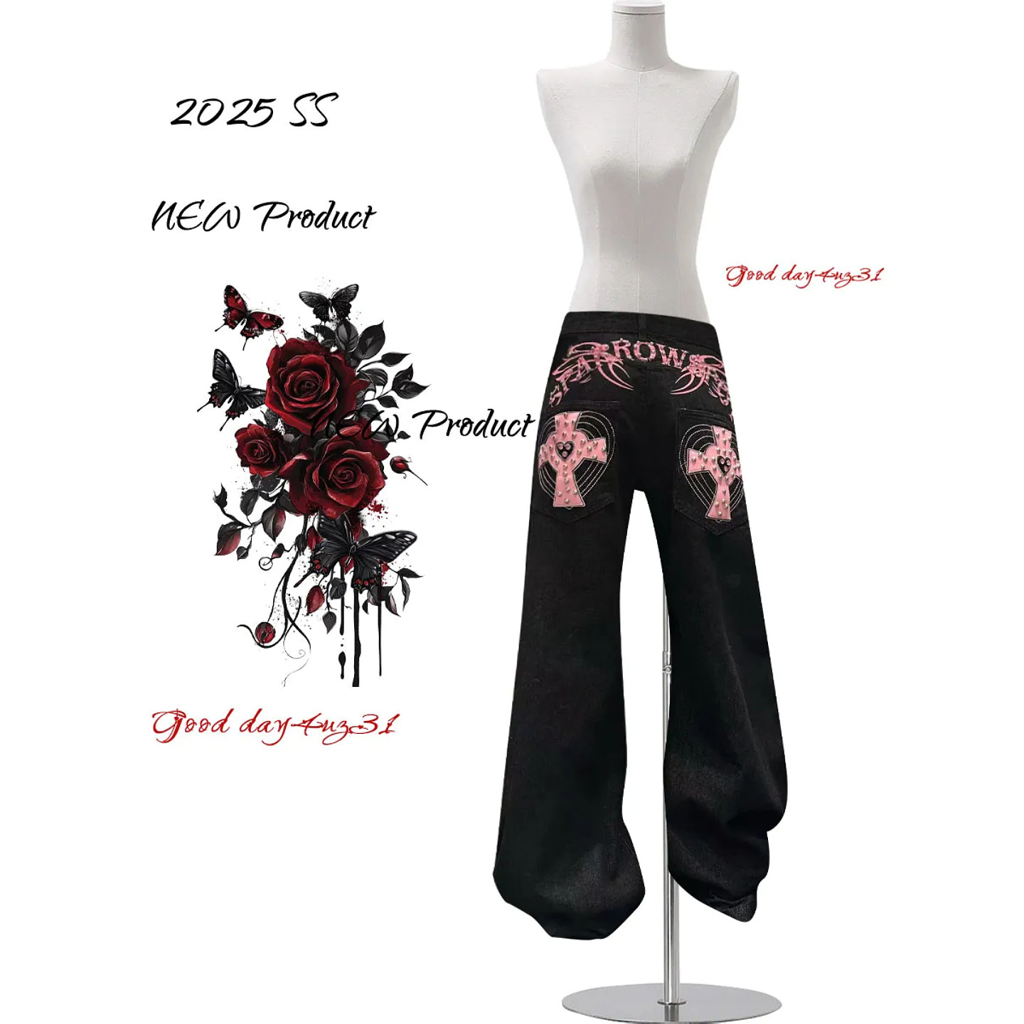 大码美式复古十字架印花牛仔裤女春季新款高街钉珠设计感阔腿长裤,女装/女士精品,大码裤装,淘宝优惠券,粉丝福利购,淘宝优惠卷