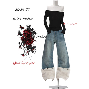 美式 街头设计感宽松阔腿长裤 复古毛绒拼接牛仔裤 新款 女秋冬季 大码