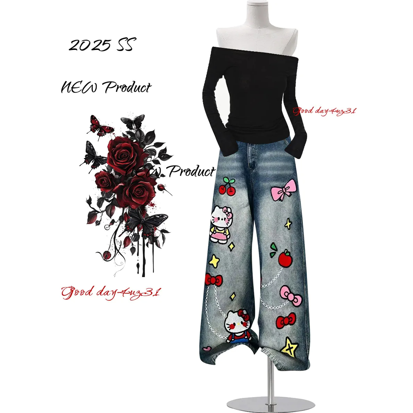 大码美式复古水洗卡通印花设计感牛仔裤女秋季新款街头宽松阔腿裤