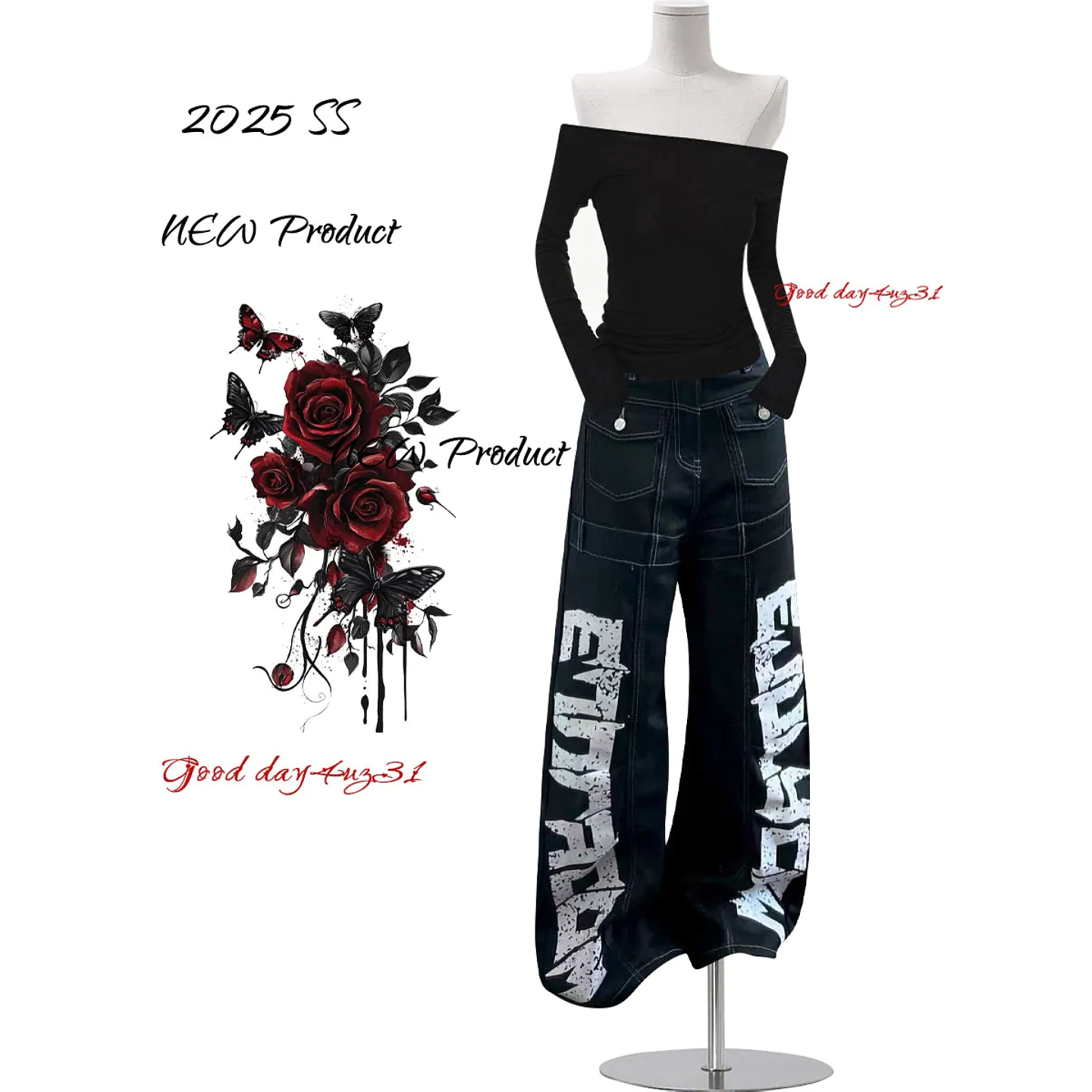 大码美式复古字母印花牛仔裤