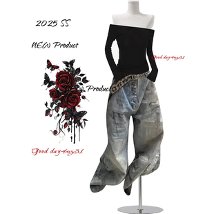 美式 街头宽松设计感阔腿裤 复古水洗做旧脏牛仔裤 新款 女秋冬季 大码