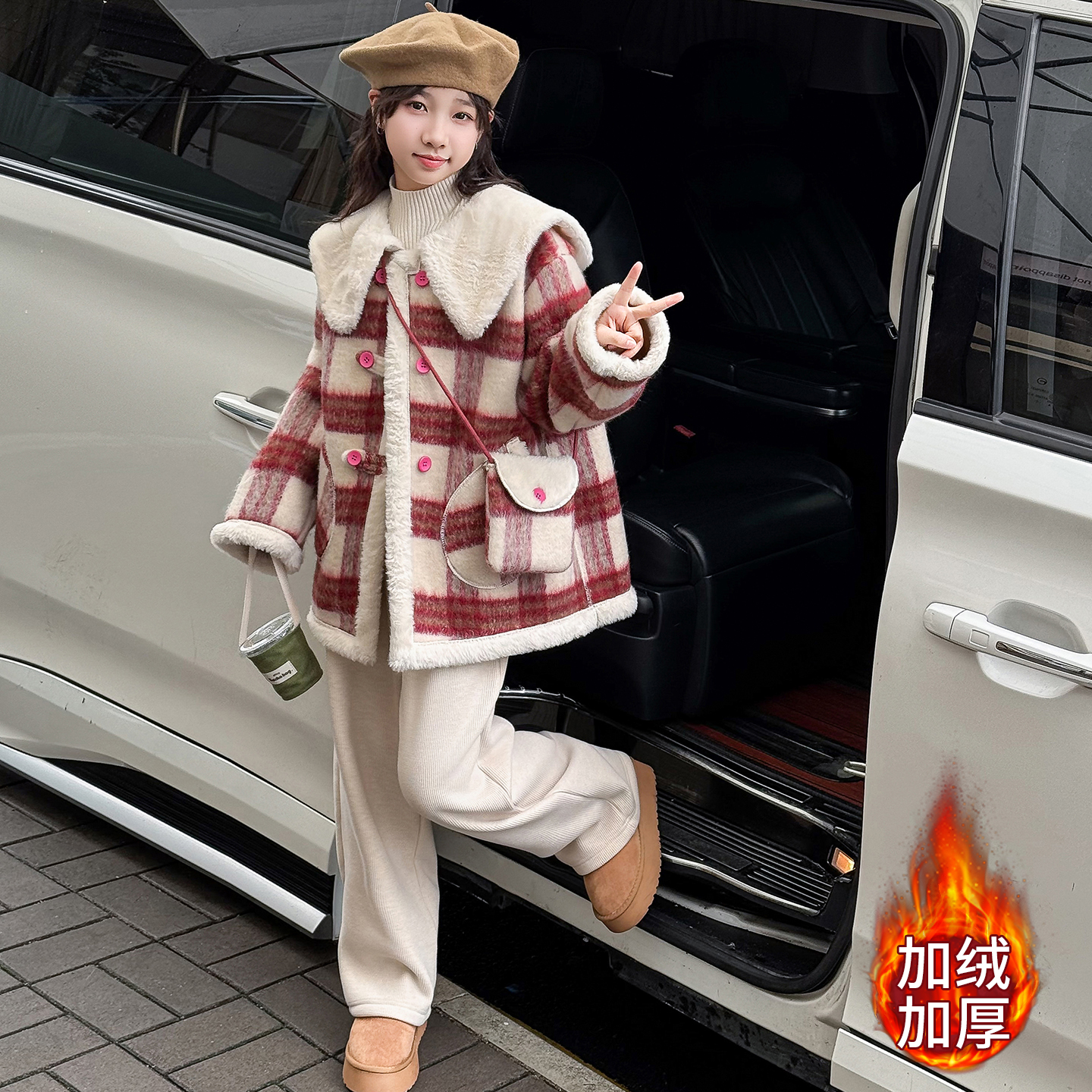 女童秋冬款加绒加厚格子毛呢外套