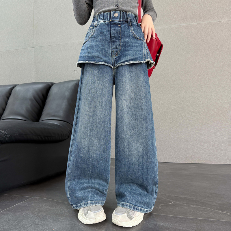 女童春秋新款洋气假两件牛仔裤