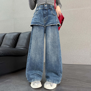 2026新款 爵士舞裤 秋季 裤 子 高腰宽松阔腿工装 女童复古假两件牛仔裤