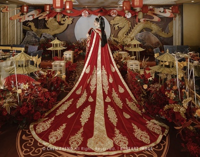 出租夏季婚服拖尾中式秀禾服披风刺绣复古凤冠霞帔古装汉服长披肩