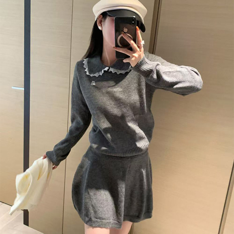 实体档口2025秋冬新款韩版宽松两件套娃娃翻领套头毛衣加针织短裙
