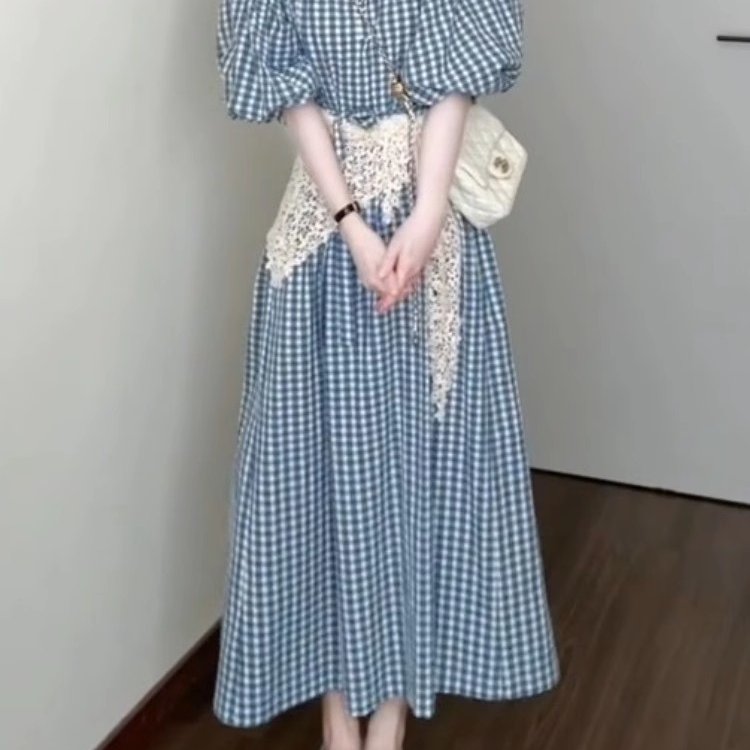 夏日绝美小裙子小个子独特漂亮高级感大码蓝色格纹泡泡袖连衣裙女