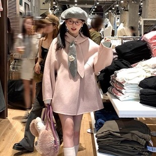 Acaine粉色连帽双面羊毛大衣女冬季韩系甜美羊绒呢子毛呢外套