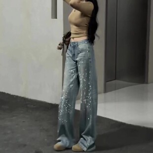 高街风珍珠亮片直筒牛仔裤女2025冬季新款加绒加厚高腰显瘦阔腿裤
