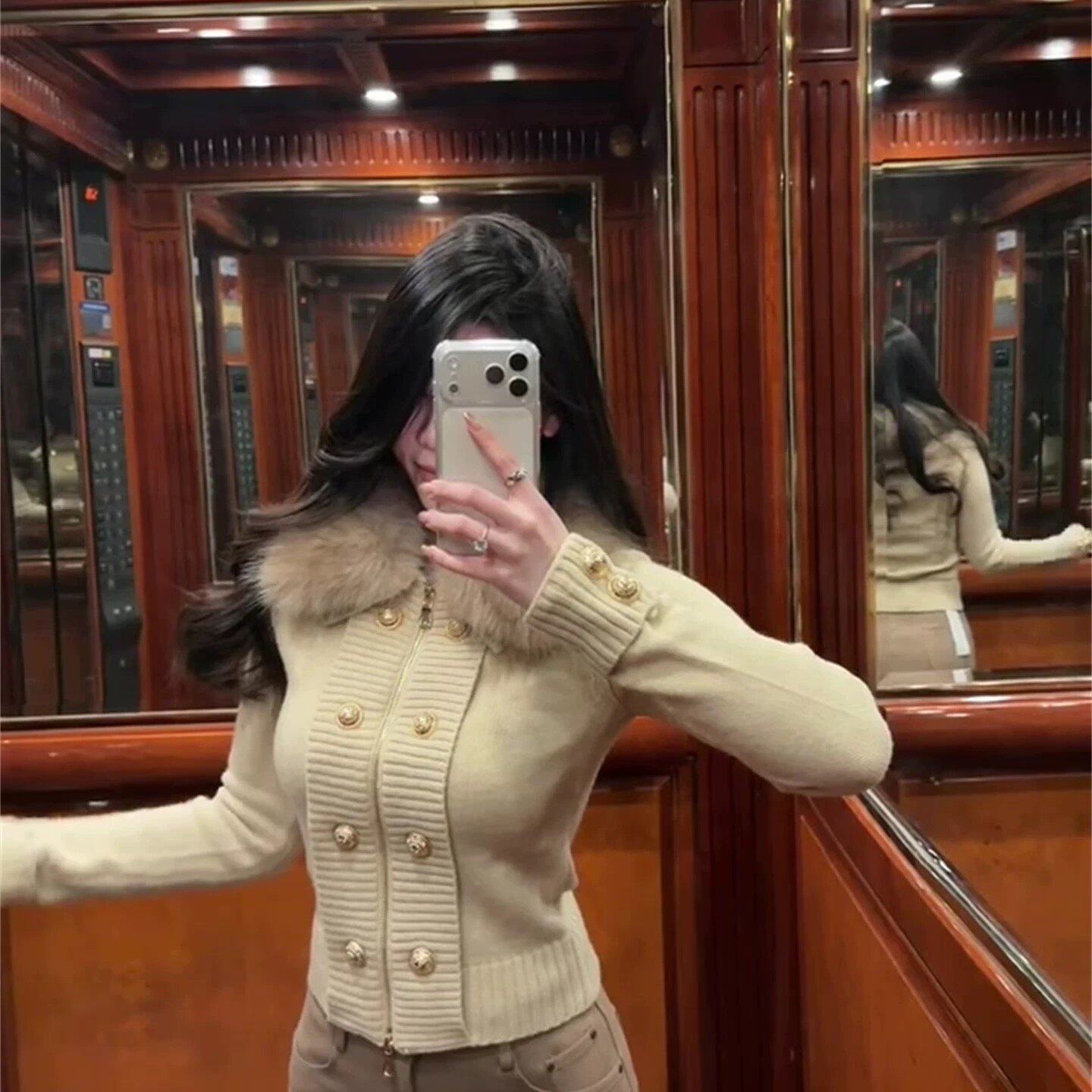 小香风毛毛翻领长袖毛衣外套女秋冬双排扣设计感小众针织上衣