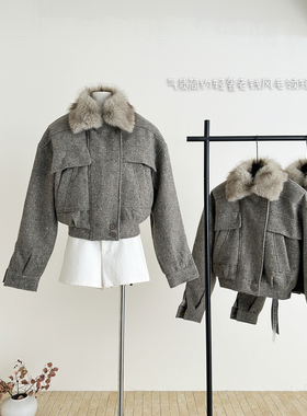 YWYW25F/W秋冬保暖拆卸翻毛领裥夹棉复古短外套