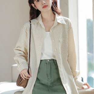 2025年秋季 大版 实拍 新款 女 型翻领长袖 条纹盐系宽松衬衣衬衫
