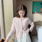 女 立体刺绣绵羊毛外搭针织开衫 白桃 鹅黄