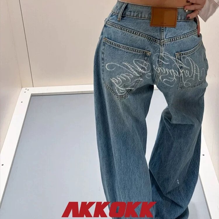 KKOKK超绝cmvx烫钻牛仔裤A字对版字母超显提臀弯刀阔腿牛仔长裤