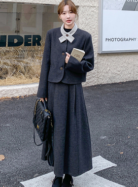 轻法式灰色小香风毛呢套装女秋季高级感大方得体ootd时髦两件套