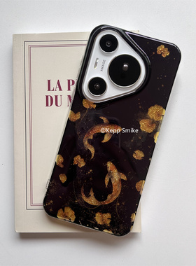 新中式黑色闪粉锦鲤双层印花适用华为mate70pro+手机壳mate60pro保护套pura80pro双层新款pura70pro男女款m60