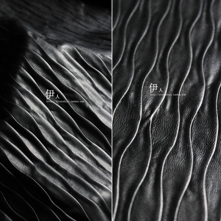 香港波浪褶皱肌理pu皮革面料改造立体压褶皮料服装外套皮衣裤布料