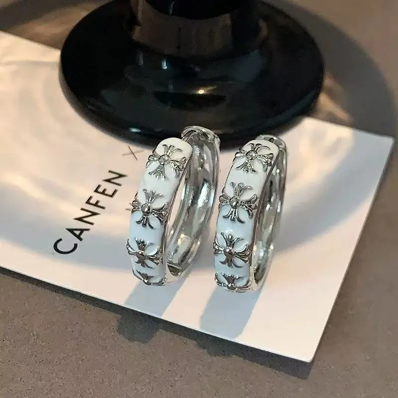 新款轻奢风耳圈滴油珐琅十字架女Ins风耳环 高级感复古时尚耳饰潮