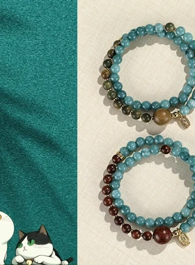 新中式蓝玉髓金丝檀木串珠男女双圈手链民族风大吉大利绿檀手串