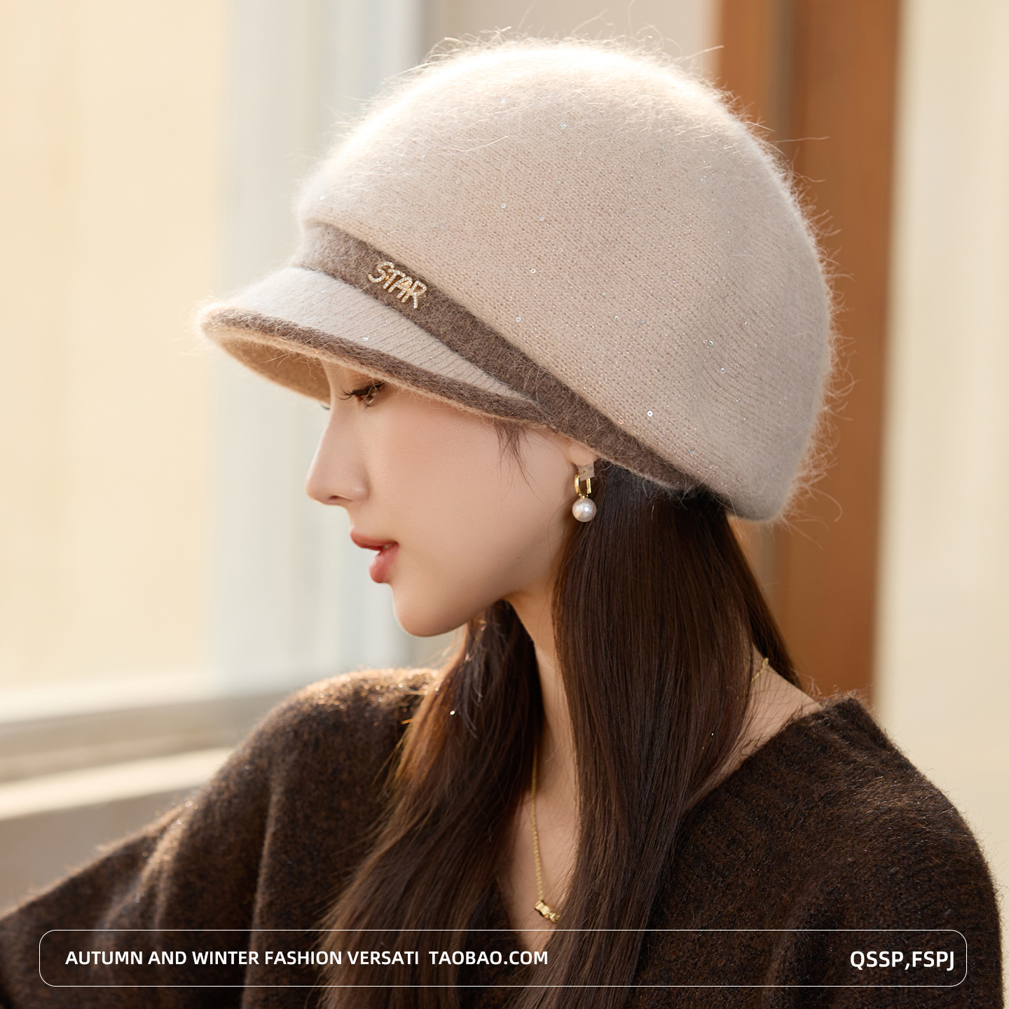 新款帽子女秋冬季兔毛针织毛线帽加绒加厚保暖护耳帽中老年鸭舌帽