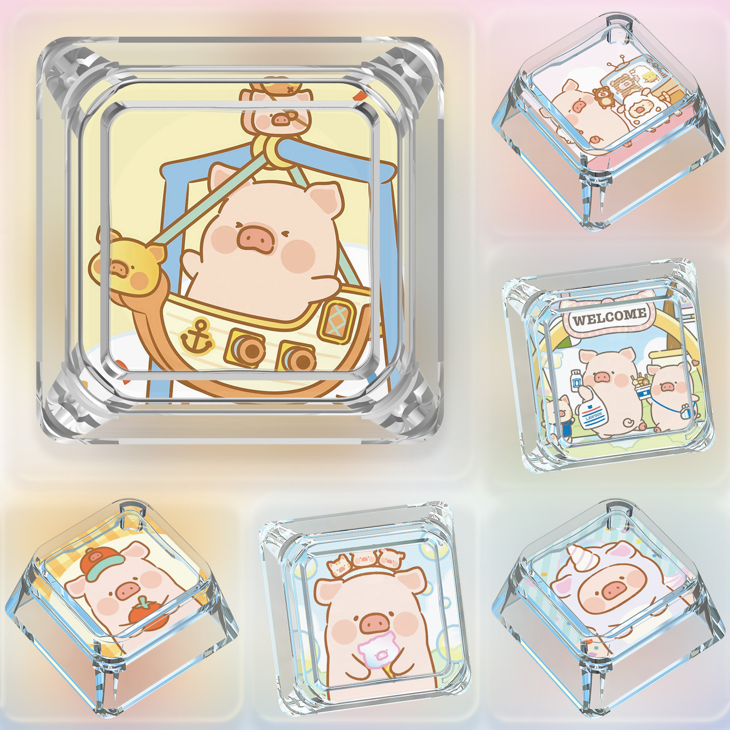 LULU猪键帽单个卡通可爱十字轴客制热插拔机械键盘PC方形透明键帽