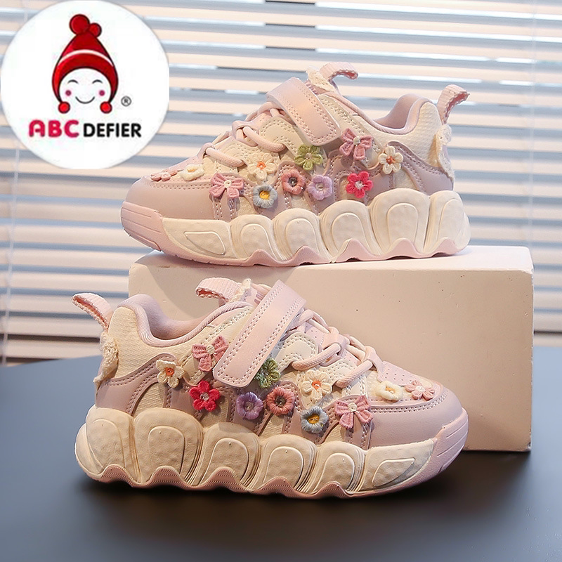 ABC defier女童鞋新款透气小女孩花朵面包鞋甜美风时尚小学生网鞋