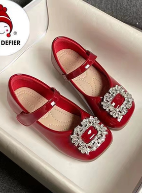 ABC DEFIER女童皮鞋水钻演出小黑鞋新款玛丽珍红色舞蹈鞋软底防滑
