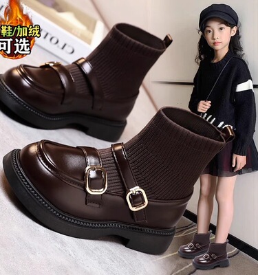 ABC DEFIER女童鞋子小皮鞋春秋新款洋气儿童公主鞋中大童黑色加绒